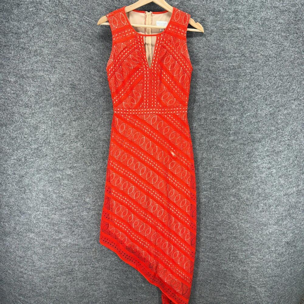 Bisou Bisou Dress Women 2 Red Geometric Crochet Sheath Midi Zipper Sleeveless